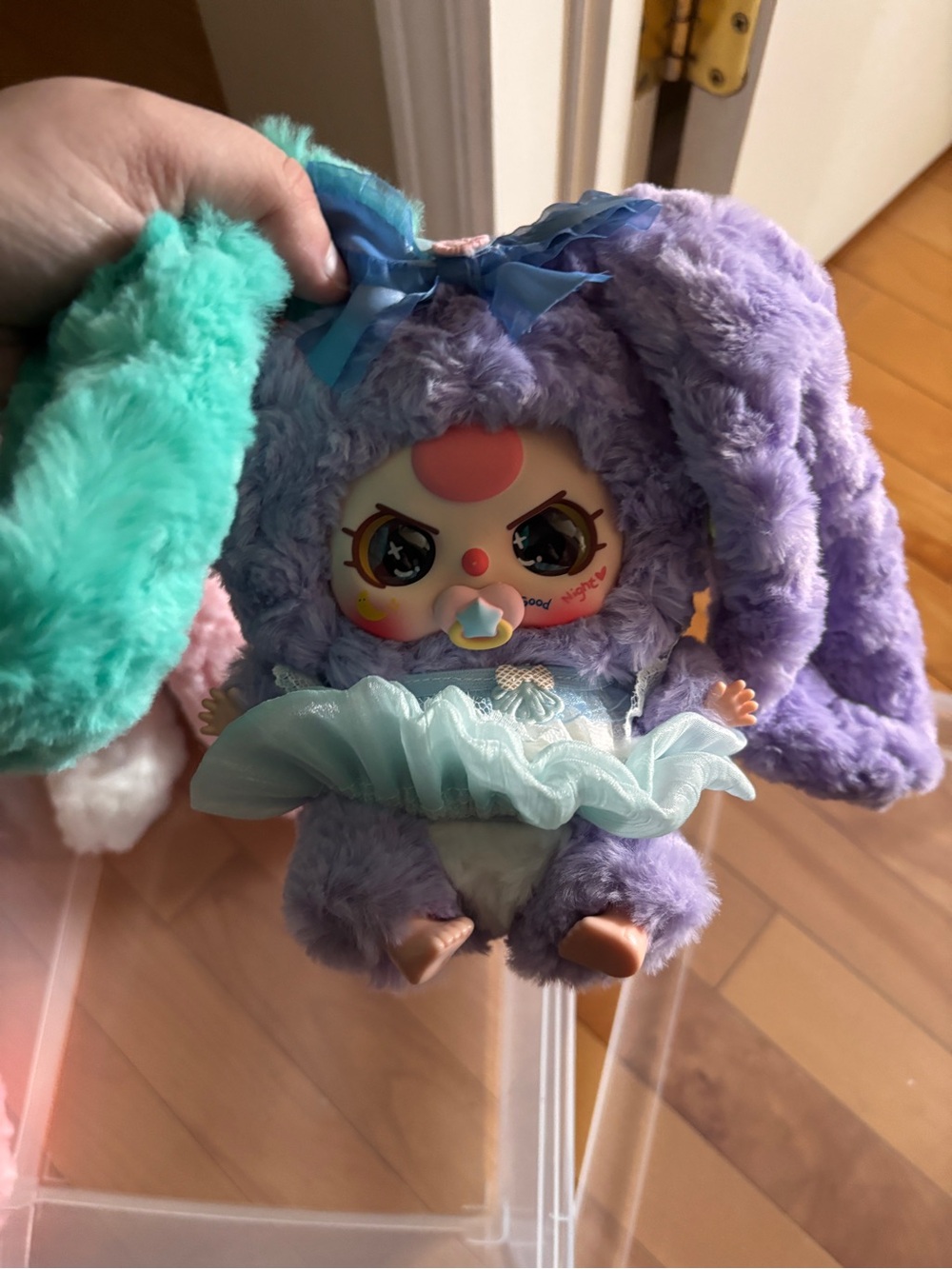Plush Bunny Doll with Pastel Purple Fur and Mint Outfit